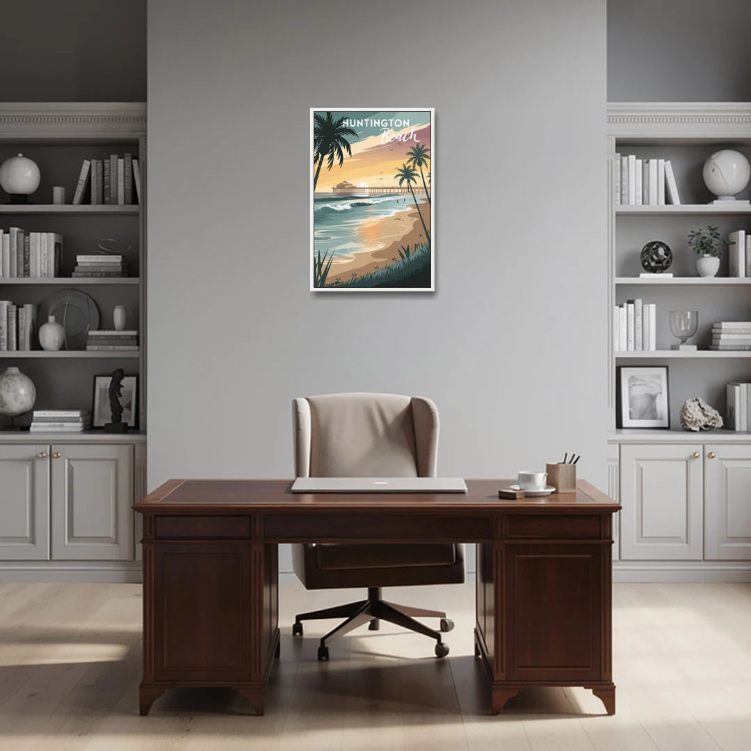 Huntington Beach Pacific Coast - White Framed Canvas Wall Art - Office - 20x30