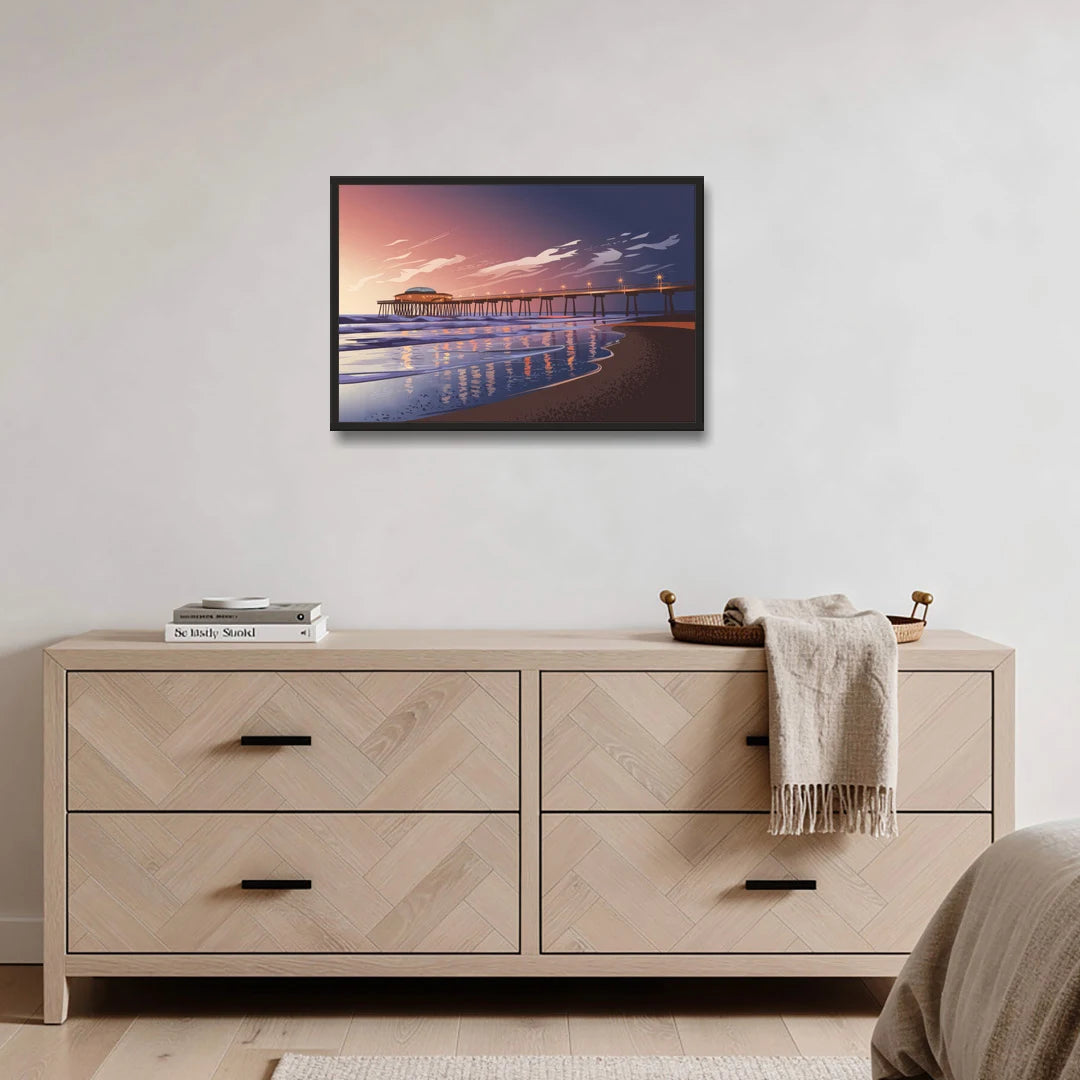 Huntington Beach Pier At Twilight - Black Framed Canvas Wall Art - Coffee Table - 30x20