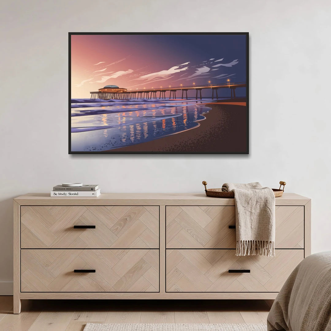 Huntington Beach Pier At Twilight - Black Framed Canvas Wall Art - Coffee Table - 48x32
