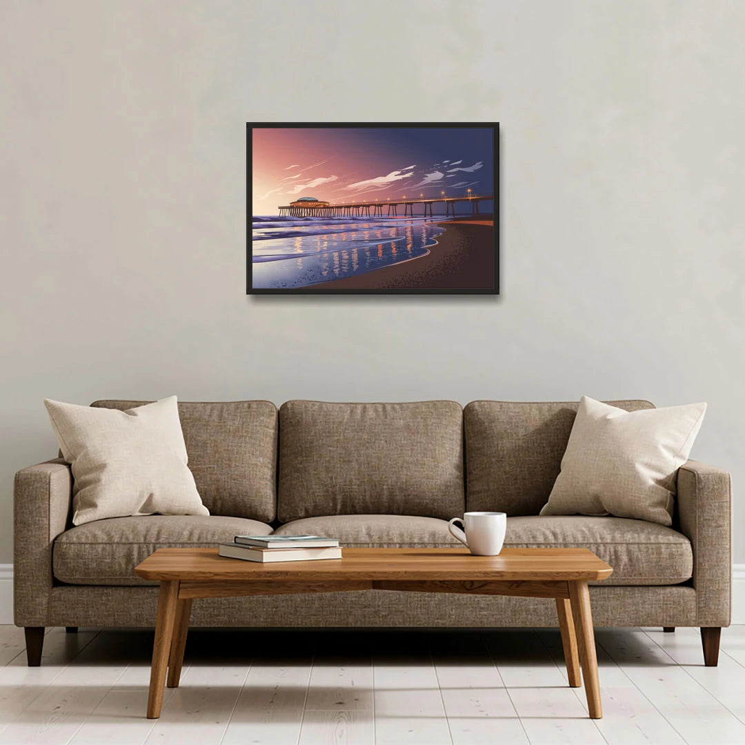 Huntington Beach Pier At Twilight - Black Framed Canvas Wall Art - Sofa - 30x20