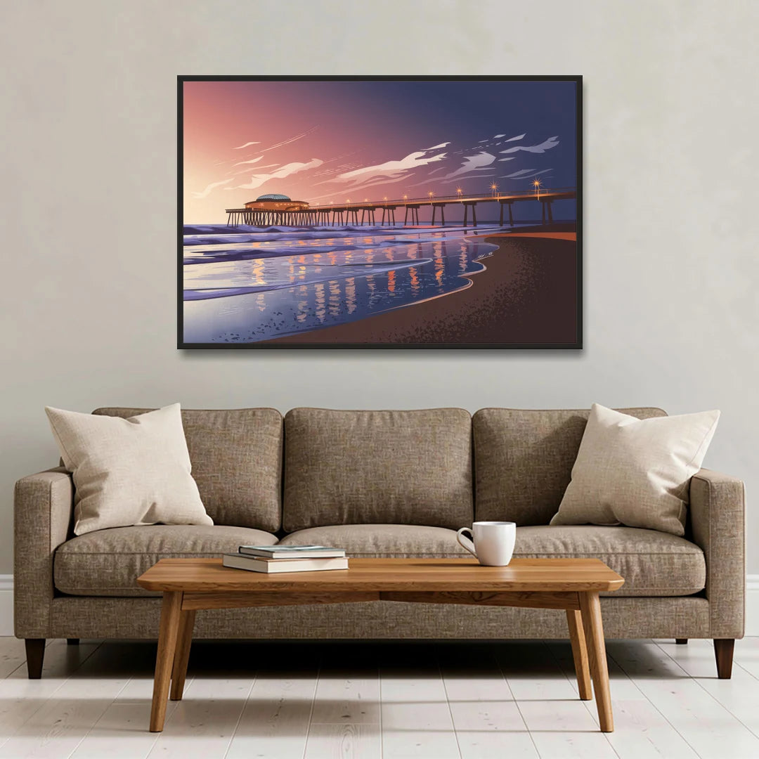 Huntington Beach Pier At Twilight - Black Framed Canvas Wall Art - Sofa - 48x32