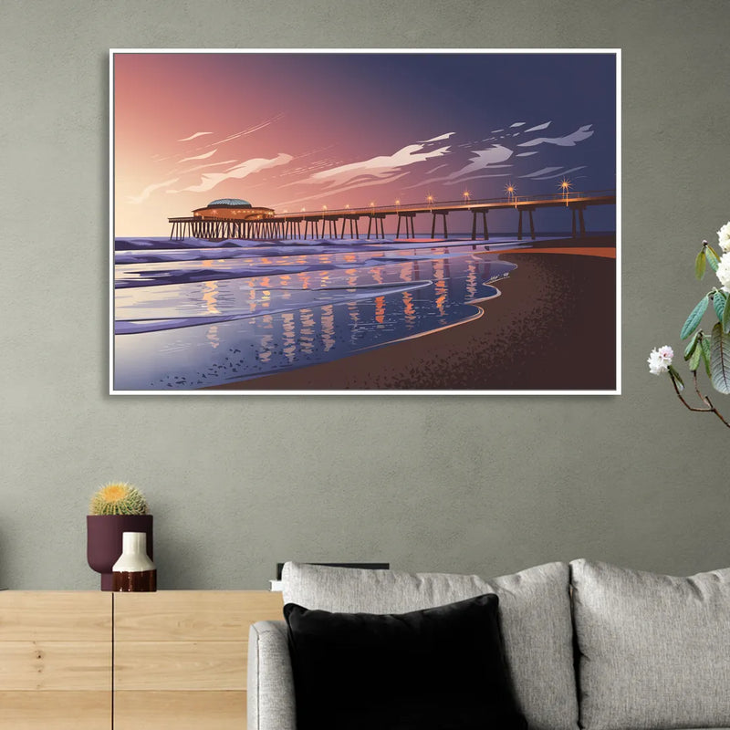 Huntington Beach Pier At Twilight Sitting Room - White Canvas Wall Art