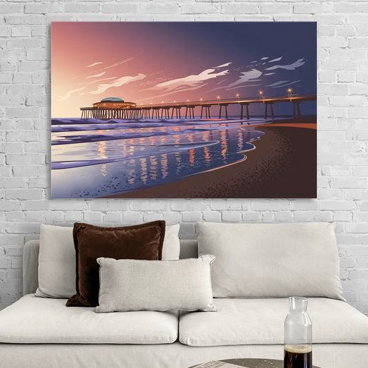 Huntington Beach Pier At Twilight Living Room - Canvas Wall Art