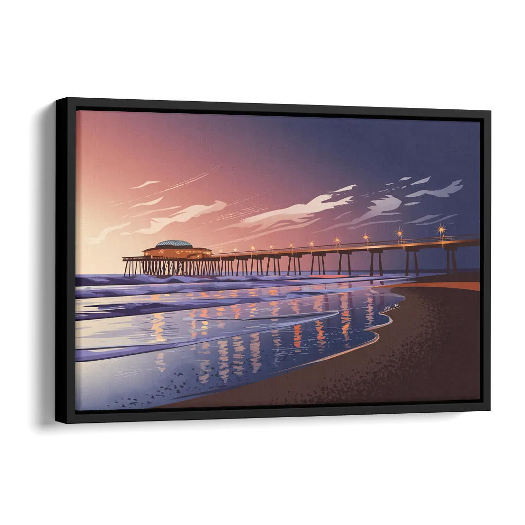 Huntington Beach Pier At Twilight Side - Black Canvas Wall Art