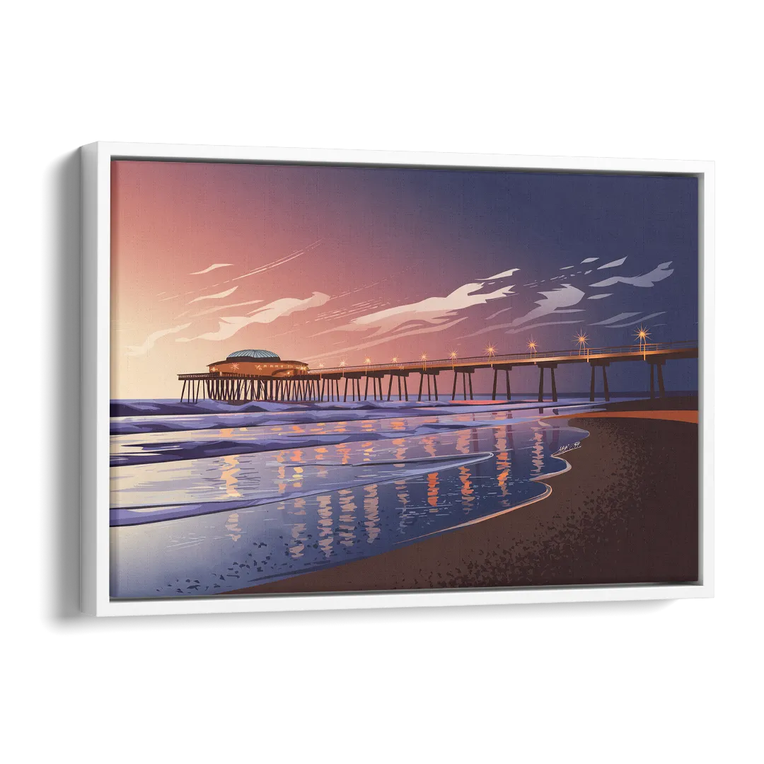 Huntington Beach Pier At Twilight Side - White Canvas Wall Art