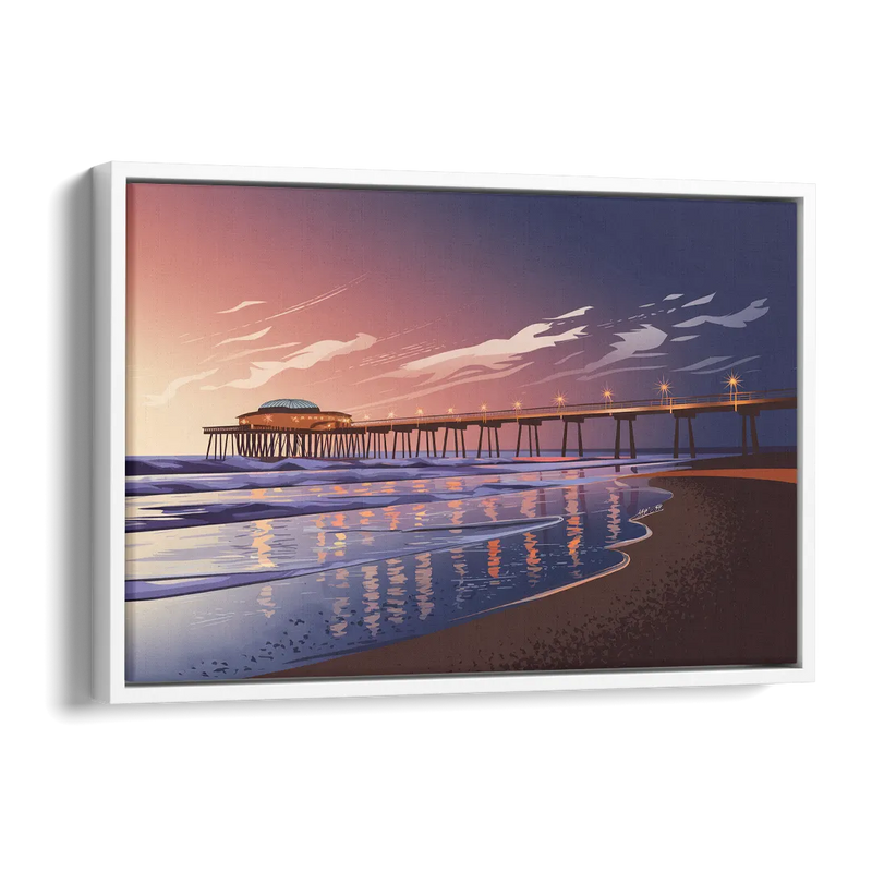 Huntington Beach Pier At Twilight Side - White Canvas Wall Art