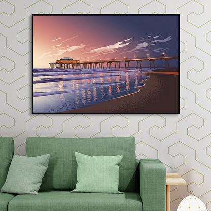Huntington Beach Pier At Twilight Sitting Room - Black Canvas Wall Art