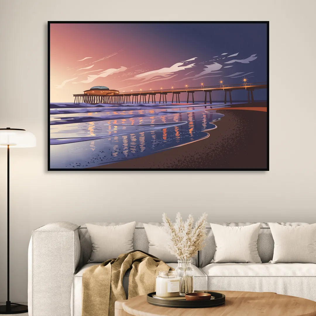 Huntington Beach Pier At Twilight Living Room - Black Canvas Wall Art
