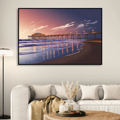 Huntington Beach Pier At Twilight Living Room - Black Canvas Wall Art