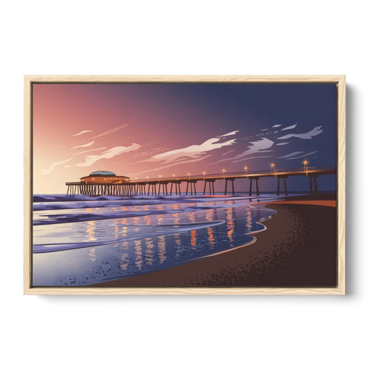 Huntington Beach Pier At Twilight - Oak Framed Canvas Wall Art - Front