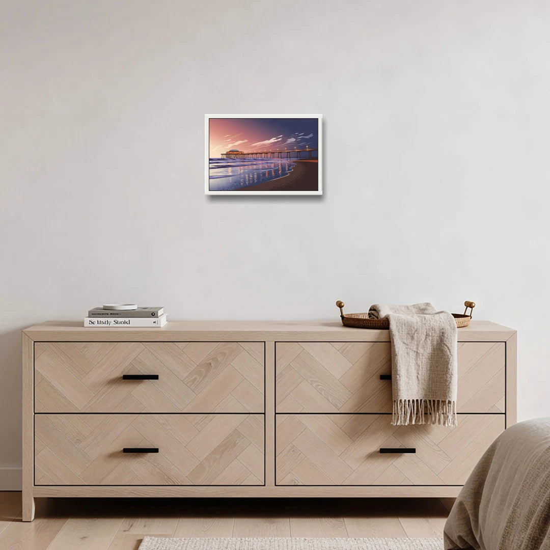Huntington Beach Pier At Twilight - White Framed Canvas Wall Art - Coffee Table - 18x12