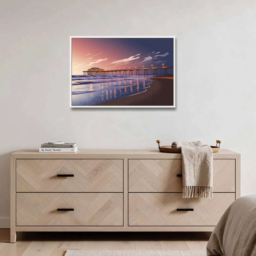 Huntington Beach Pier At Twilight - White Framed Canvas Wall Art - Coffee Table - 36x24