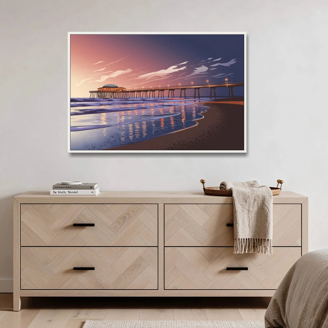 Huntington Beach Pier At Twilight - White Framed Canvas Wall Art - Coffee Table - 48x32