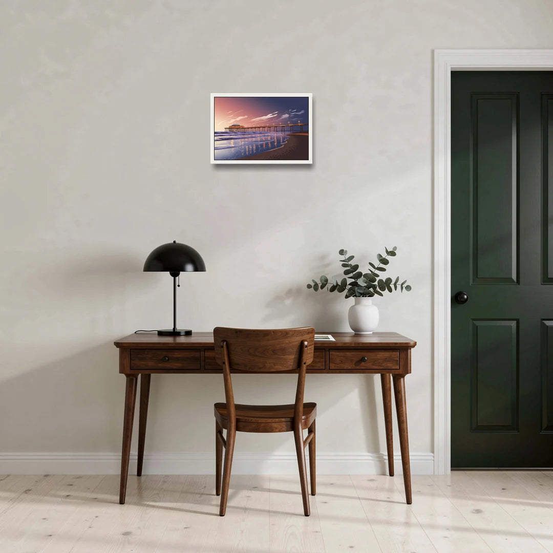 Huntington Beach Pier At Twilight - White Framed Canvas Wall Art - Office - 18x12