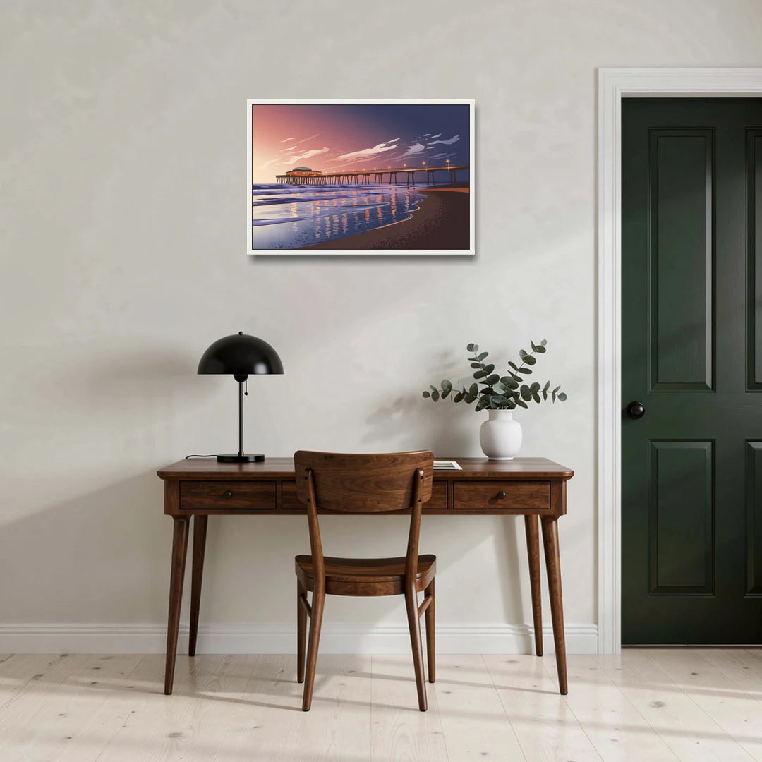 Huntington Beach Pier At Twilight - White Framed Canvas Wall Art - Office - 30x20