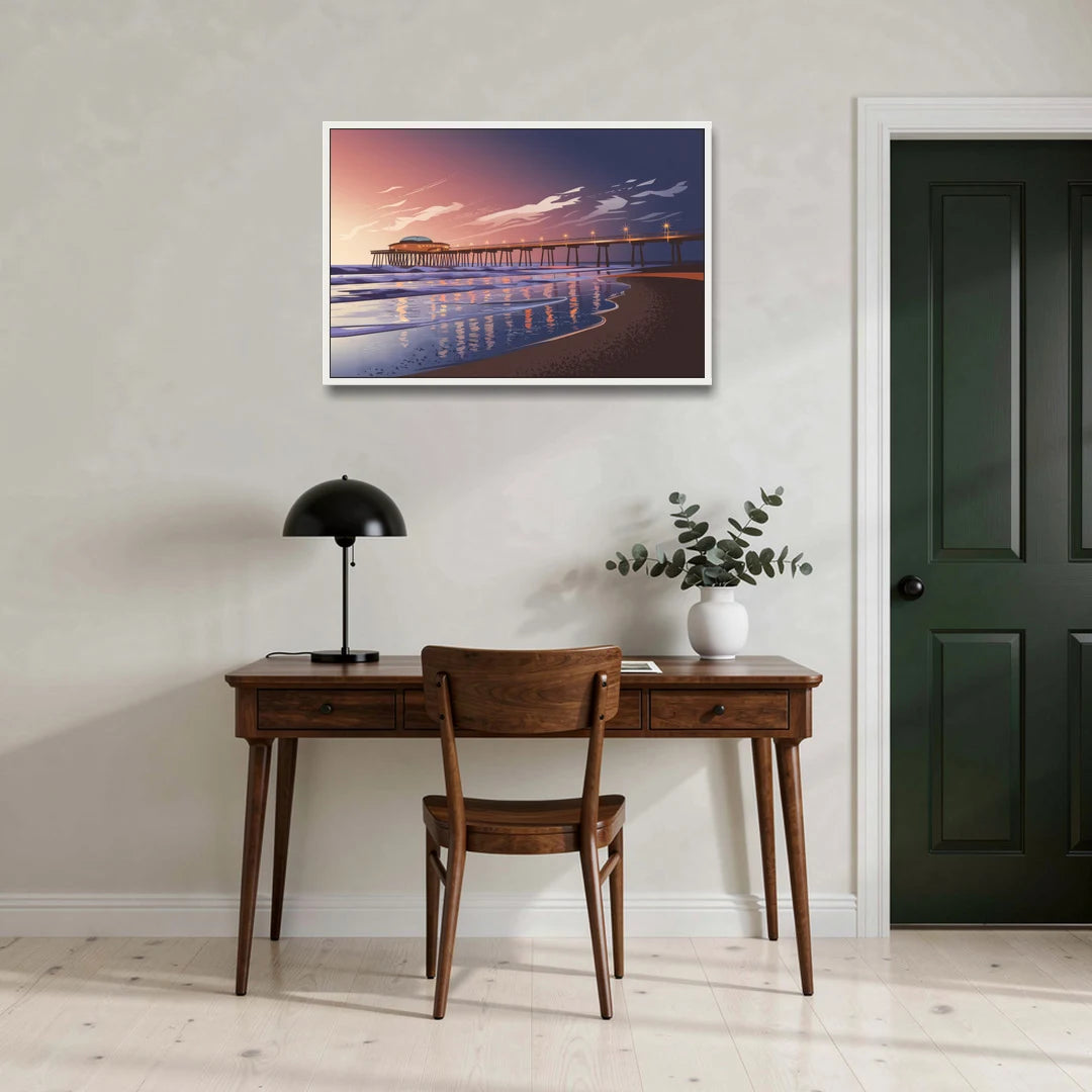Huntington Beach Pier At Twilight - White Framed Canvas Wall Art - Office - 36x24