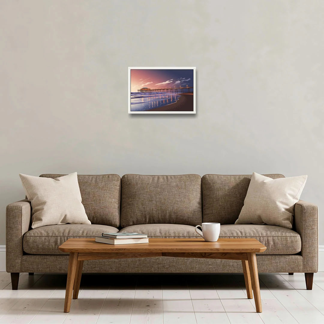 Huntington Beach Pier At Twilight - White Framed Canvas Wall Art - Sofa - 18x12