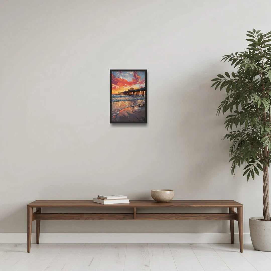 Huntington Beach Pier Sunset - Black Framed Canvas Wall Art - Coffee Table - 12x18