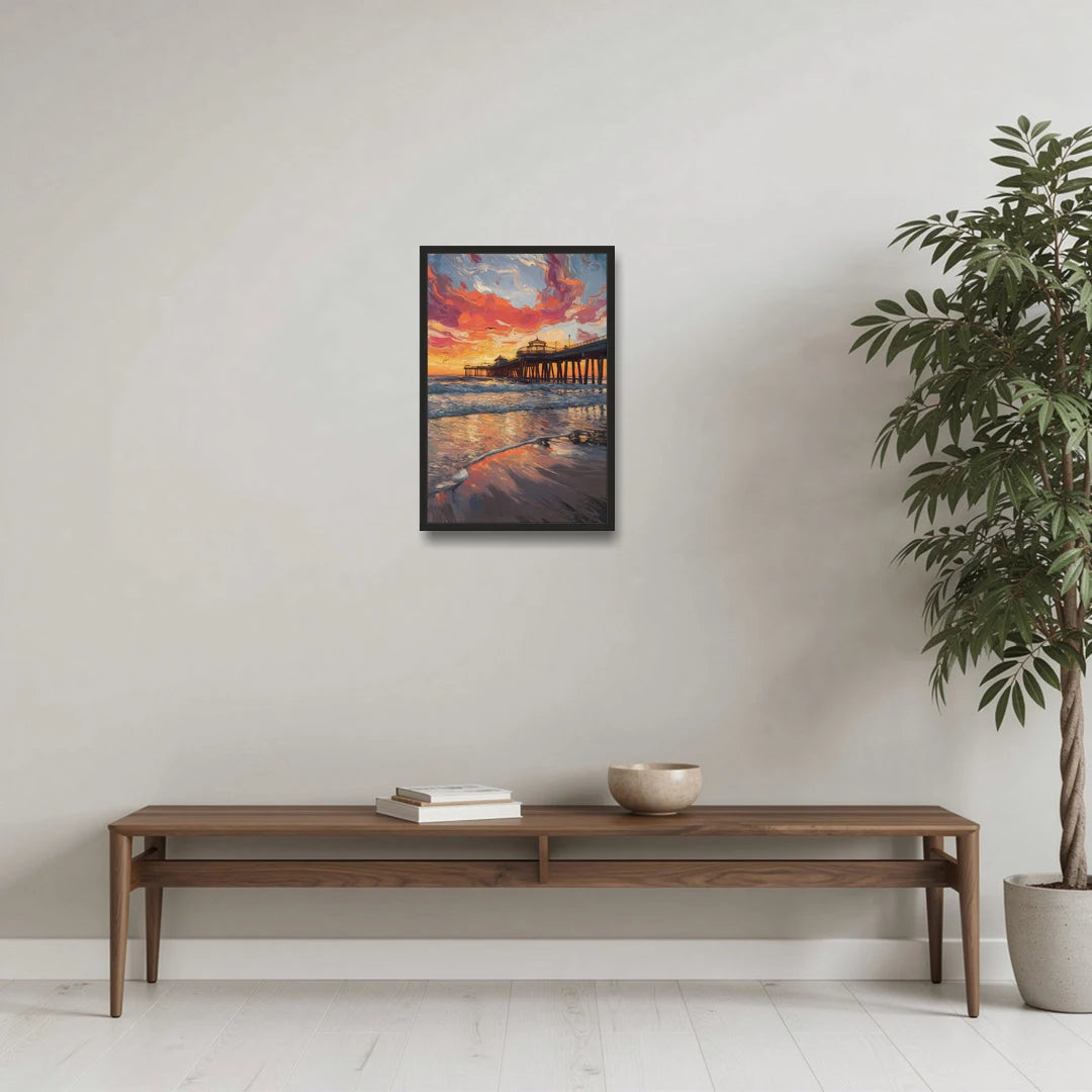 Huntington Beach Pier Sunset - Black Framed Canvas Wall Art - Coffee Table - 16x24