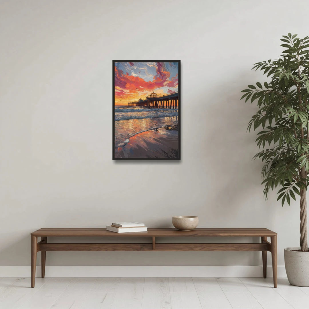 Huntington Beach Pier Sunset - Black Framed Canvas Wall Art - Coffee Table - 20x30