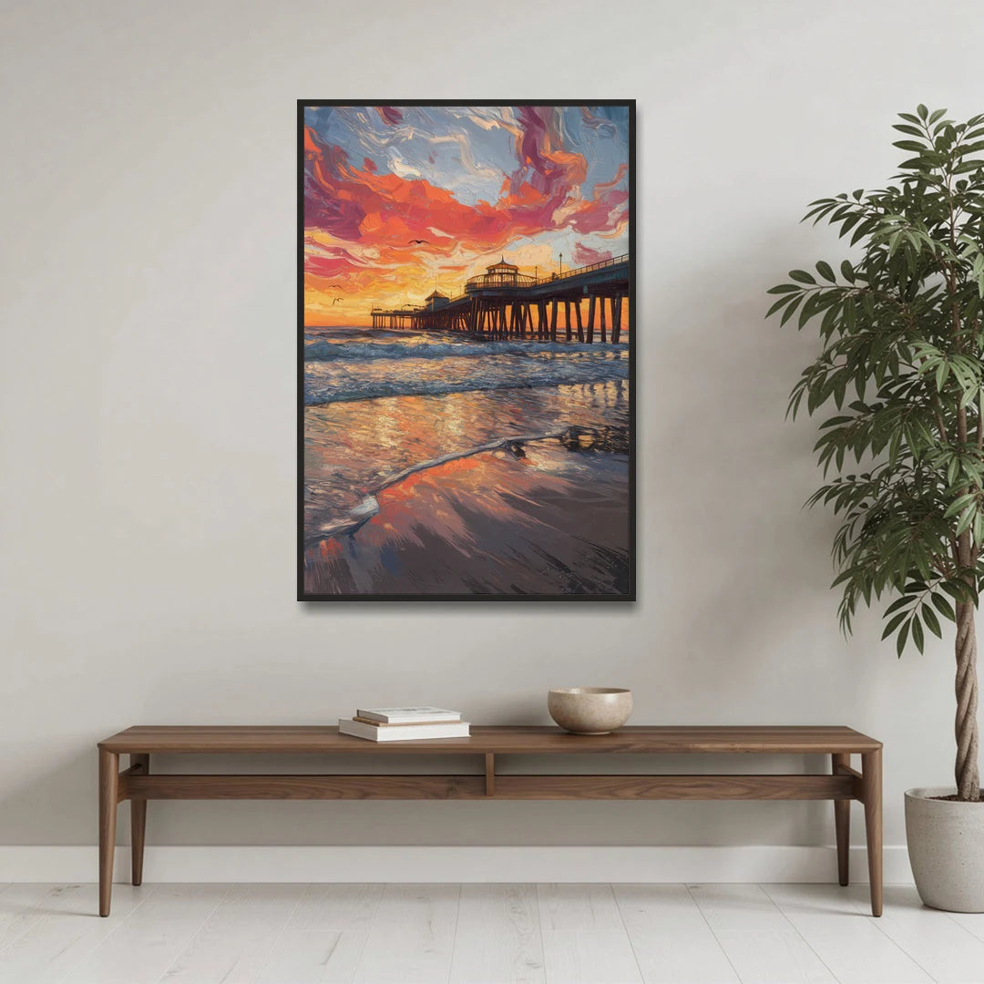 Huntington Beach Pier Sunset - Black Framed Canvas Wall Art - Coffee Table - 32x48