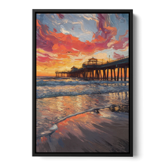 Huntington Beach Pier Sunset - Black Framed Canvas Wall Art - Front