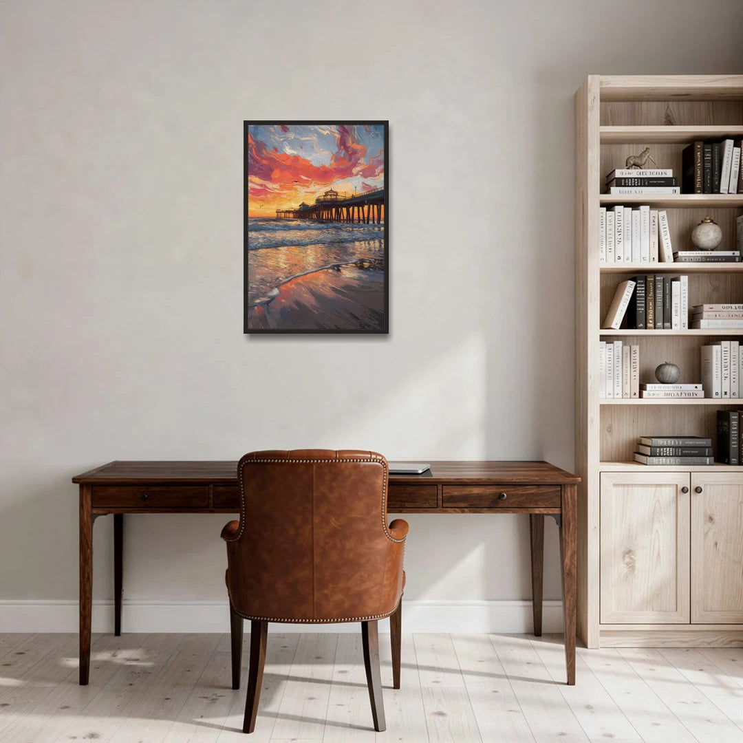 Huntington Beach Pier Sunset - Black Framed Canvas Wall Art - Office - 20x30