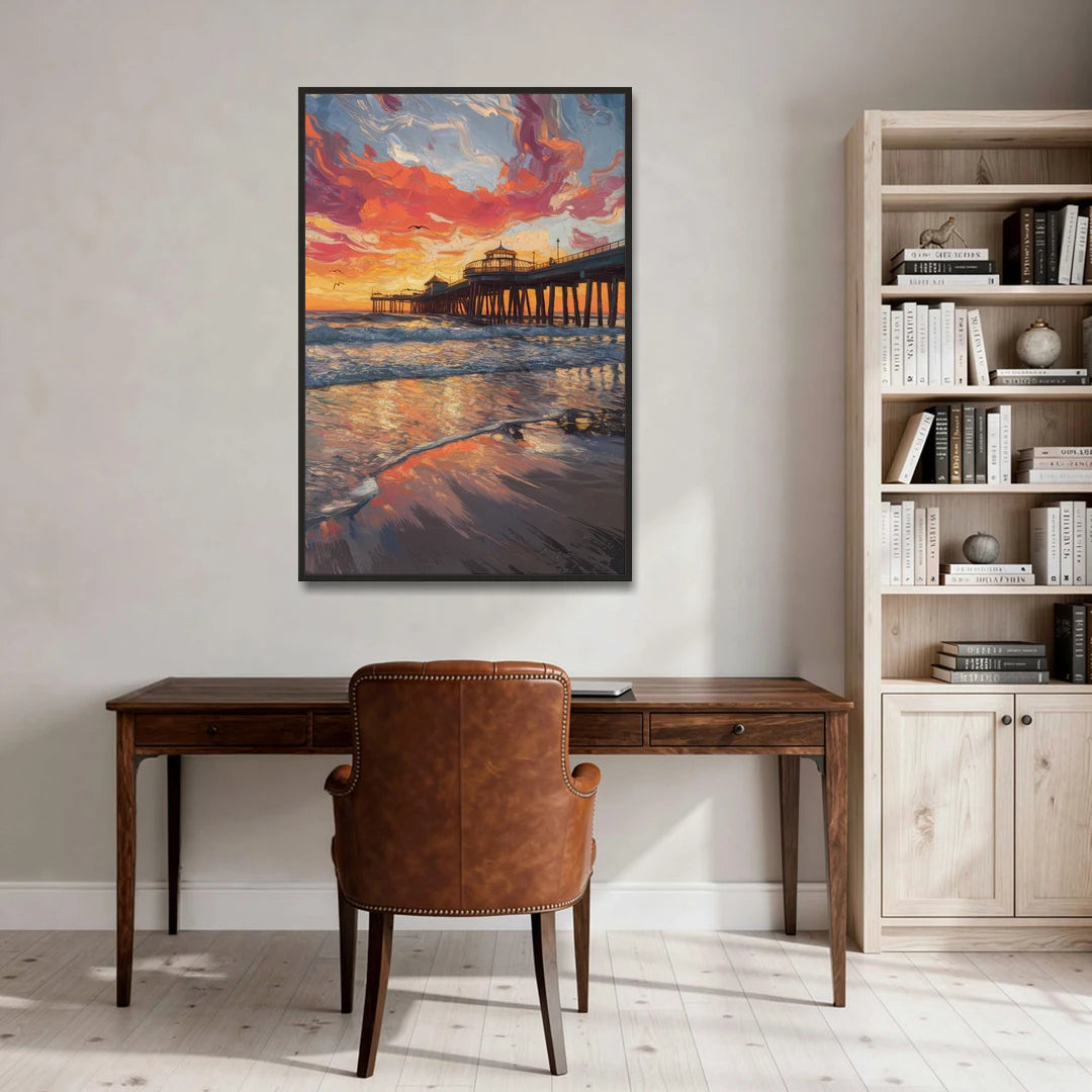 Huntington Beach Pier Sunset - Black Framed Canvas Wall Art - Office - 32x48