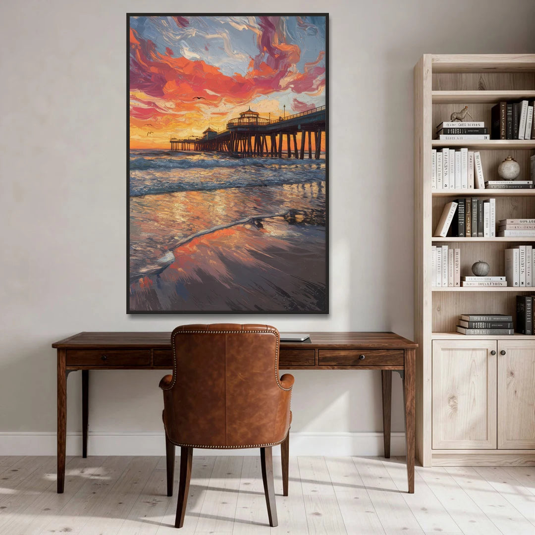 Huntington Beach Pier Sunset - Black Framed Canvas Wall Art - Office - 40x60