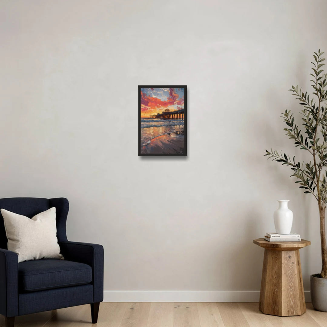 Huntington Beach Pier Sunset - Black Framed Canvas Wall Art - Sofa - 12x18