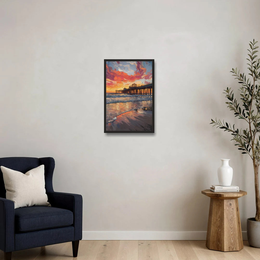 Huntington Beach Pier Sunset - Black Framed Canvas Wall Art - Sofa - 16x24
