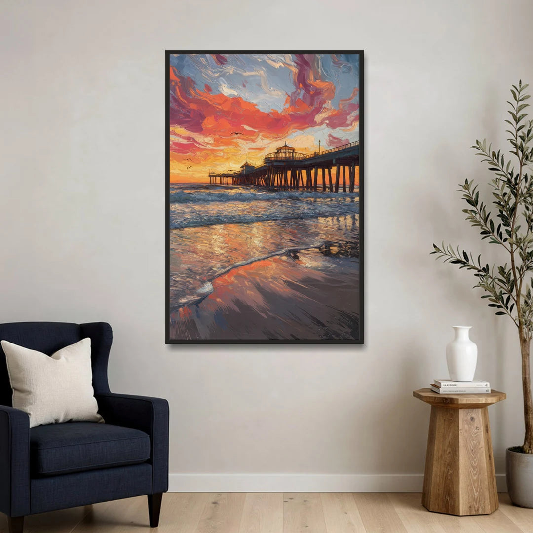 Huntington Beach Pier Sunset - Black Framed Canvas Wall Art - Sofa - 32x48