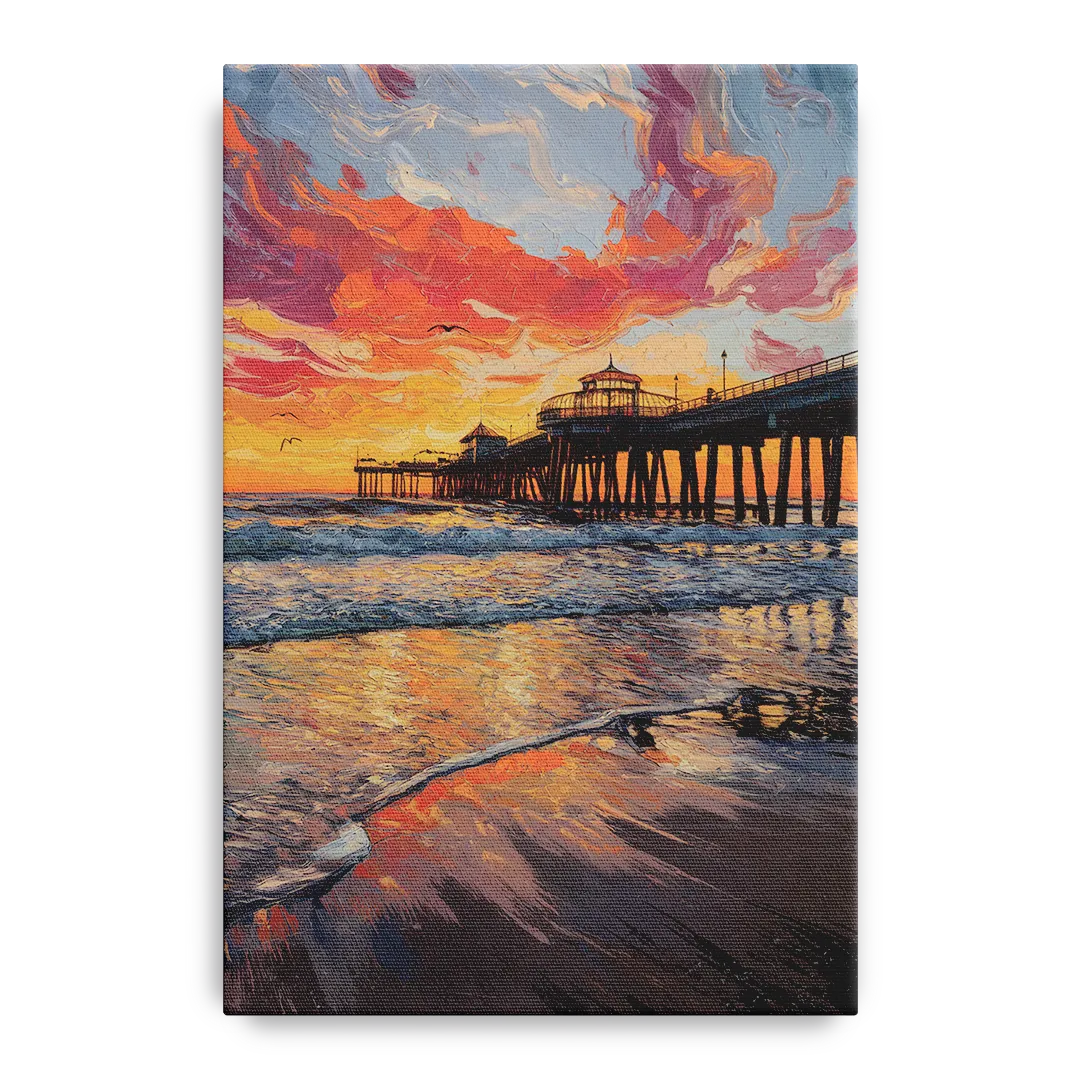 Huntington Beach Pier Sunset Front - Canvas Wall Art