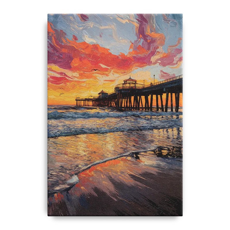 Huntington Beach Pier Sunset Front - Canvas Wall Art