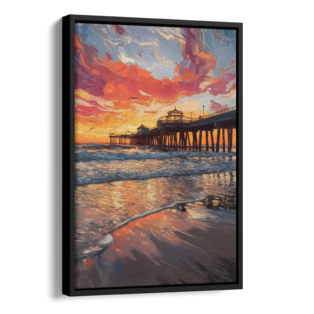 Huntington Beach Pier Sunset Side - Black Canvas Wall Art