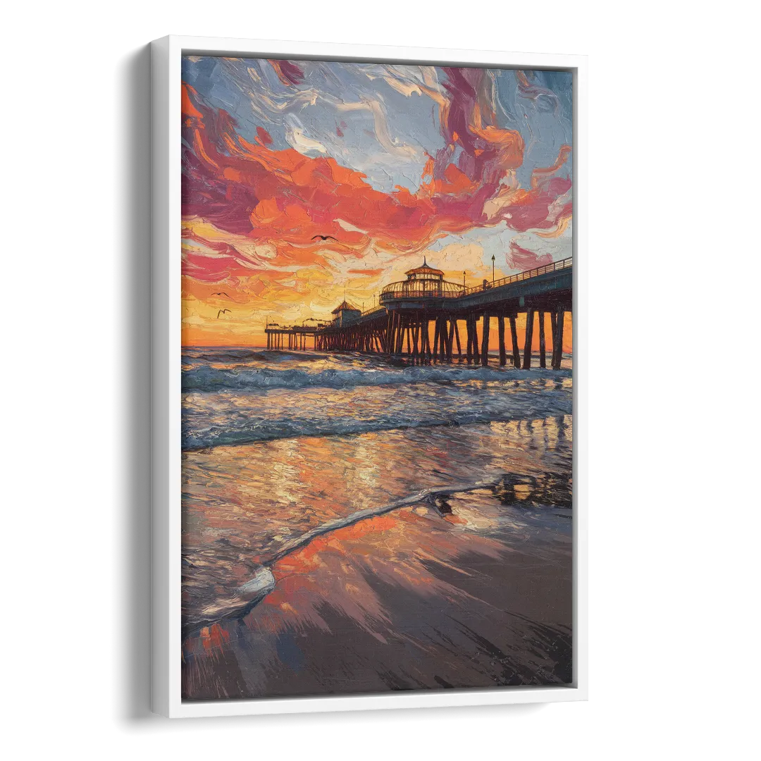Huntington Beach Pier Sunset Side - White Canvas Wall Art