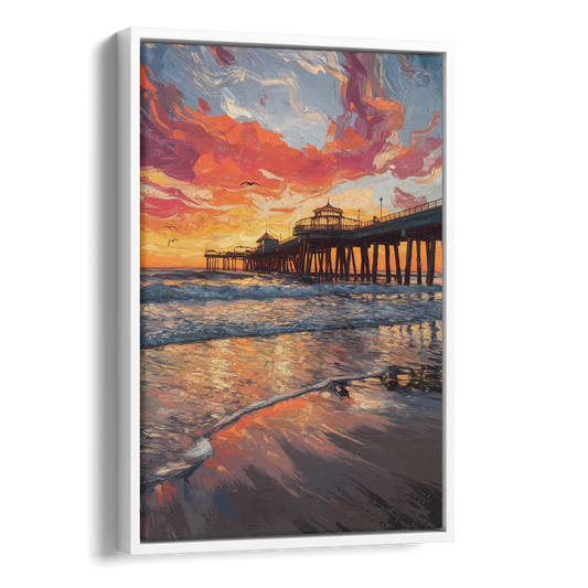Huntington Beach Pier Sunset Side - White Canvas Wall Art