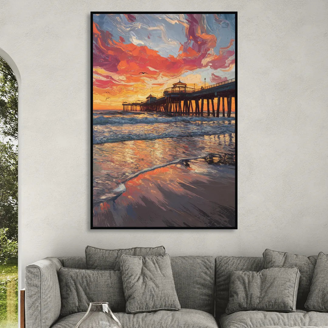 Huntington Beach Pier Sunset Sitting Room - Black Canvas Wall Art