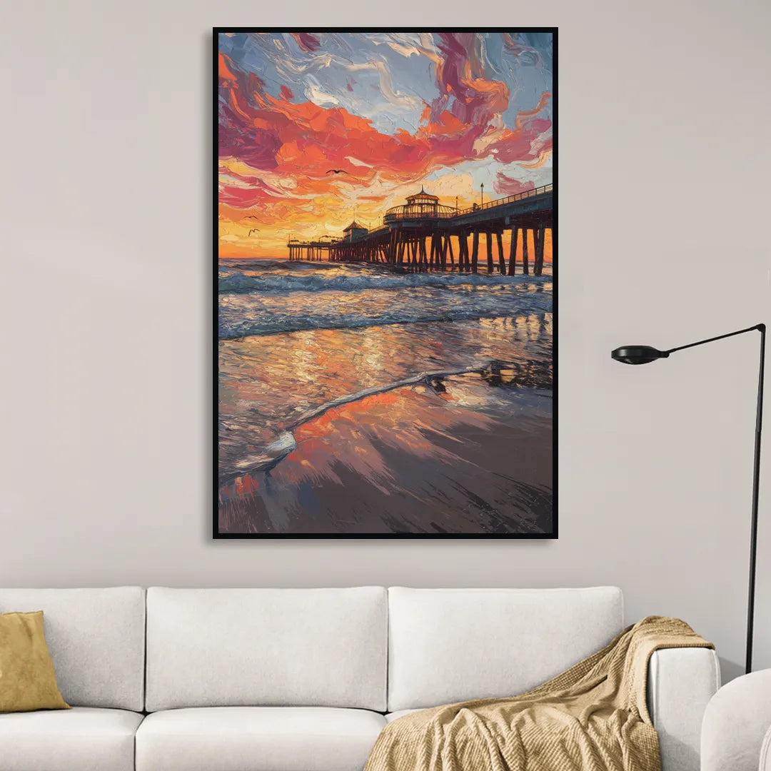 Huntington Beach Pier Sunset Living Room - Black Canvas Wall Art