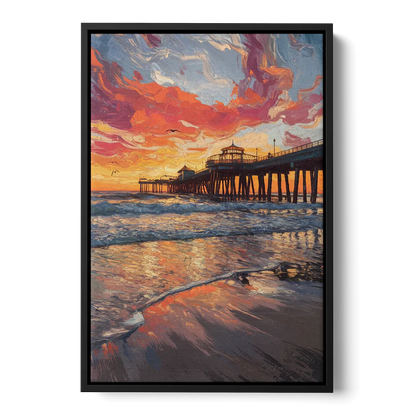Huntington Beach Pier Sunset Front - Black Canvas Wall Art