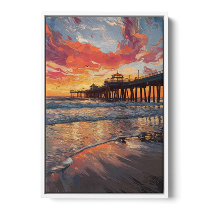 Huntington Beach Pier Sunset Front - White Canvas Wall Art