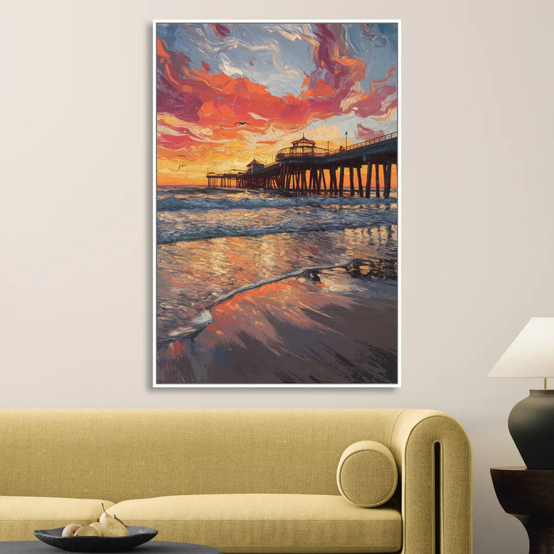 Huntington Beach Pier Sunset Sitting Room - White Canvas Wall Art