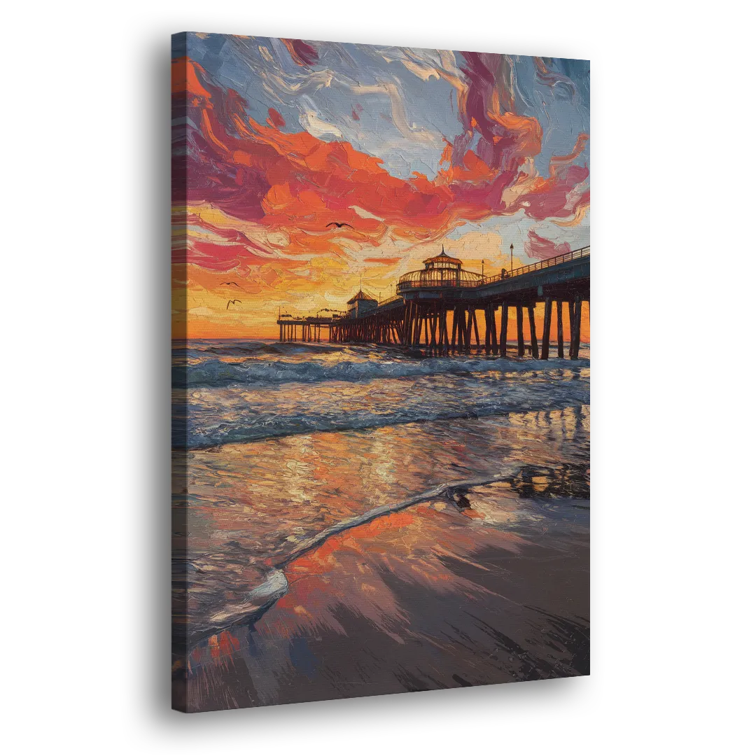 Huntington Beach Pier Sunset Side - Canvas Wall Art