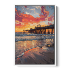 Huntington Beach Pier Sunset - White Framed Canvas Wall Art - Front