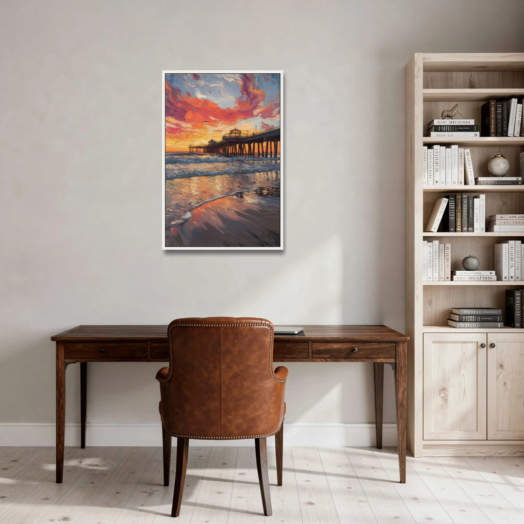Huntington Beach Pier Sunset - White Framed Canvas Wall Art - Office - 24x36