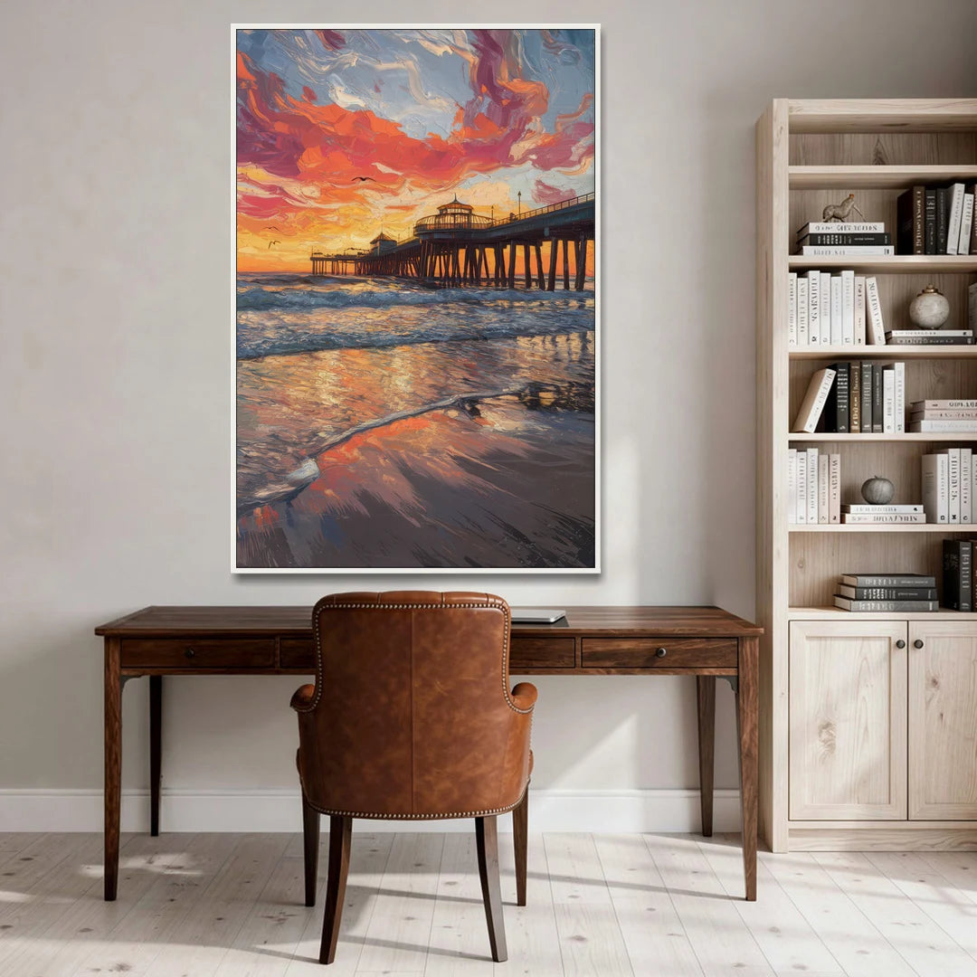 Huntington Beach Pier Sunset - White Framed Canvas Wall Art - Office - 40x60