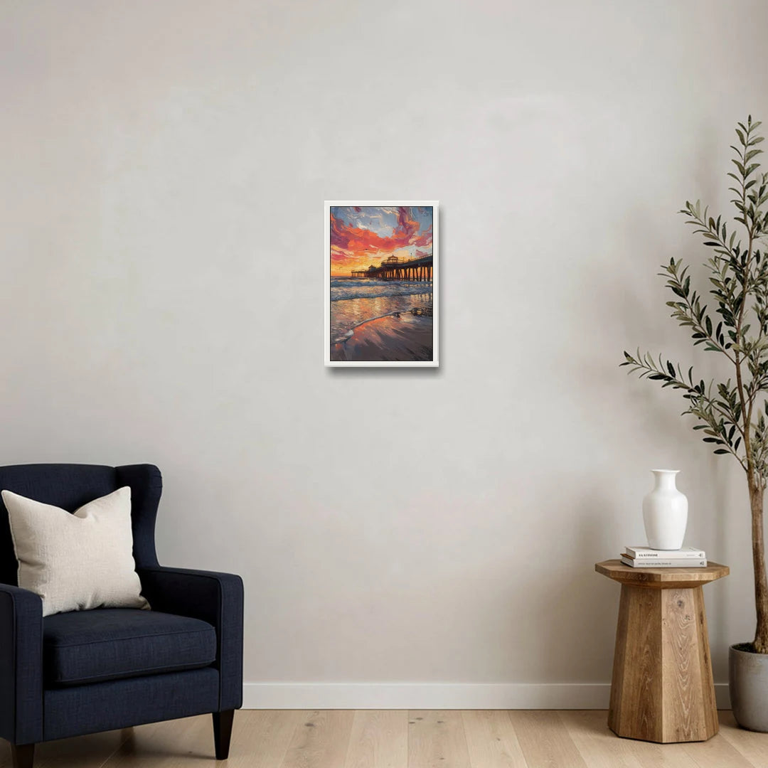Huntington Beach Pier Sunset - White Framed Canvas Wall Art - Sofa - 12x18