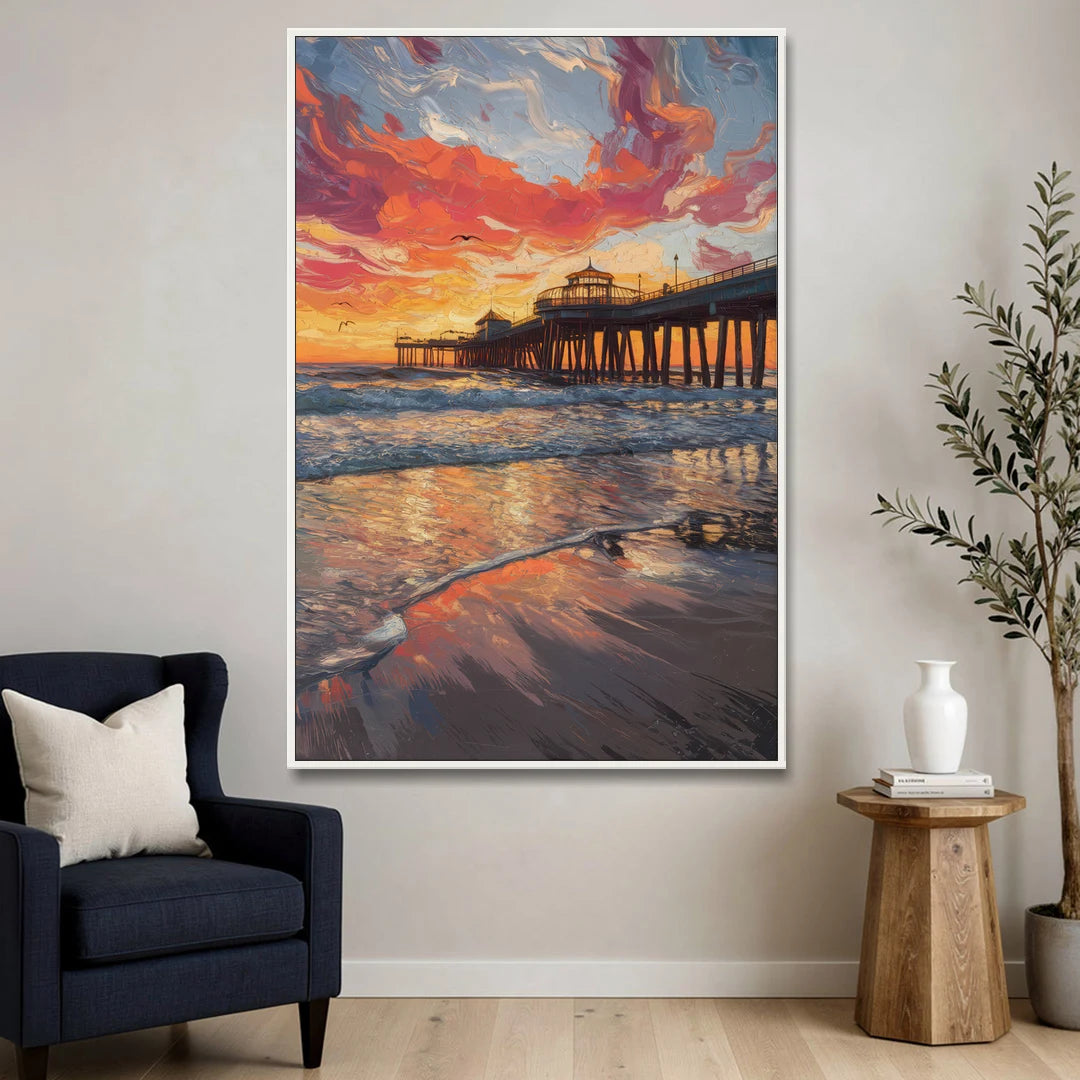 Huntington Beach Pier Sunset - White Framed Canvas Wall Art - Sofa - 40x60