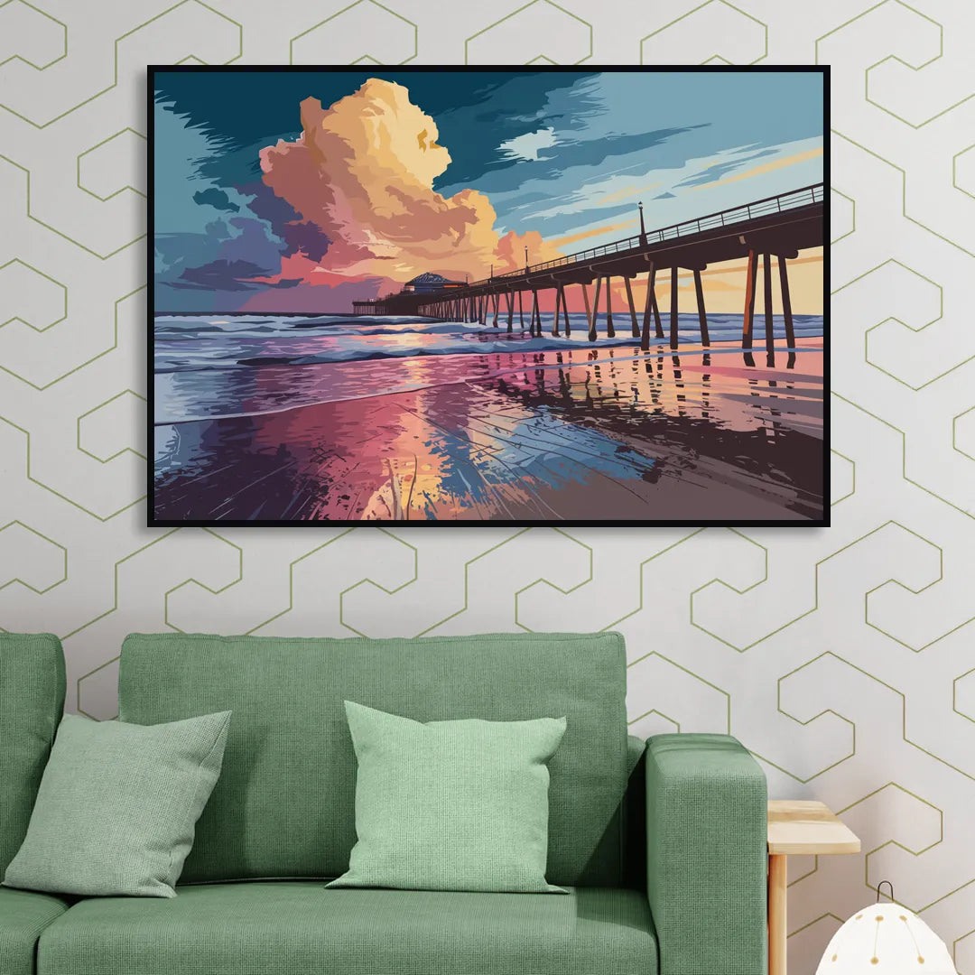 Huntington Beach Sunrise Views Living Room - Black Canvas Wall Art