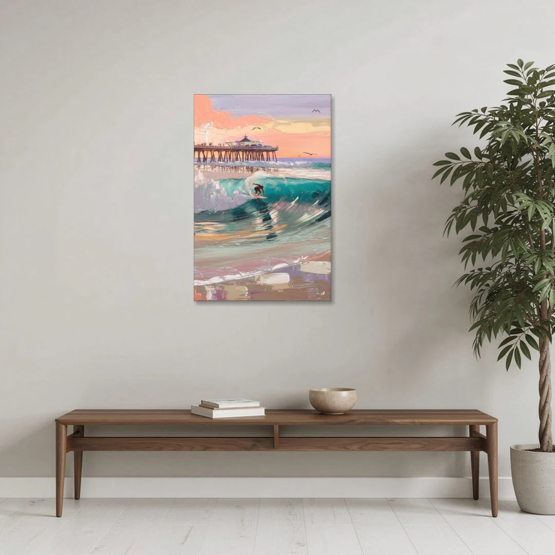 Huntington Beach Surfing Scene - Canvas Wall Art - Coffee Table - 24x36
